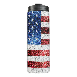USA flag red white blue sparkles glitters Thermal Tumbler