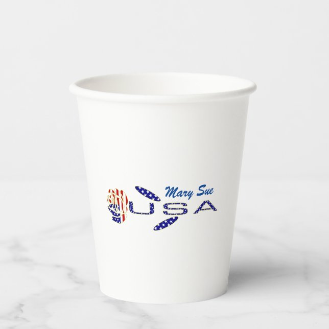 USA Flag Rose on Its Side Blue Personalized Party Paper Cups (Front)