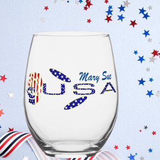 USA Flag Rose on Its Side Blue Personalized  Stemless Wine Glass