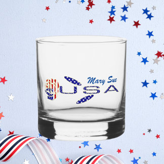 USA Flag Rose on Its Side Blue Personalized Whiskey Glass