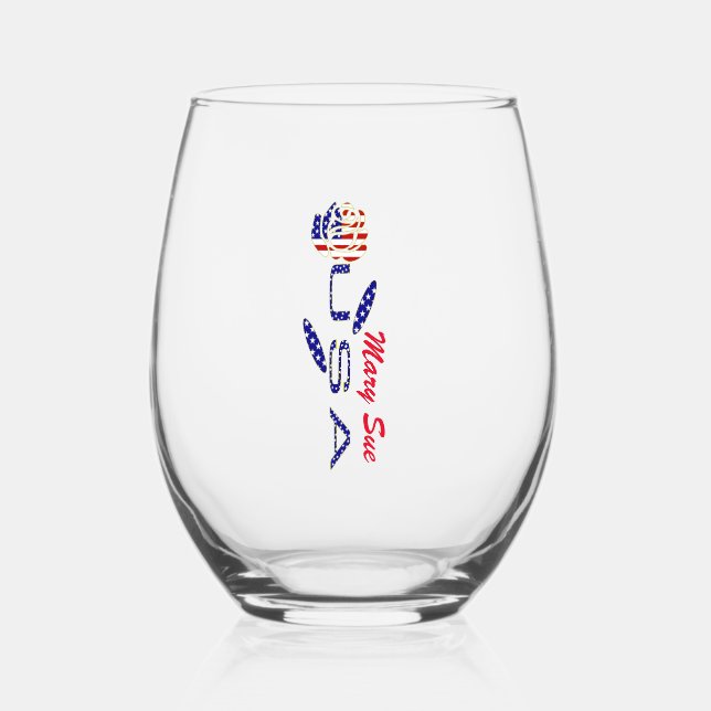 USA Flag Rose Red Personalized  Stemless Wine Glass (Front)