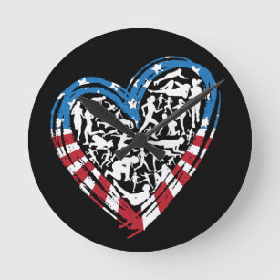 USA Flag Running Heart - American Runner Round Clock