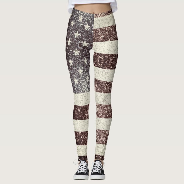 USA flag Rustic Red Gold Blue Sparkles America Leggings (Front)