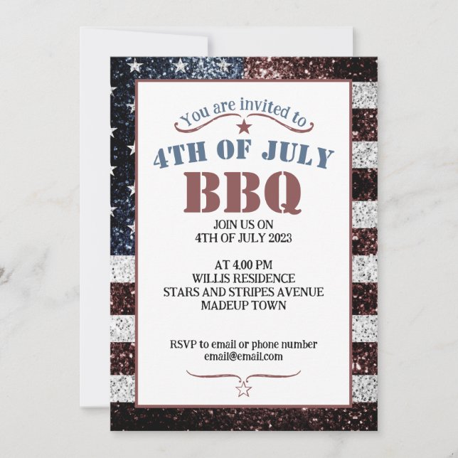 USA flag rustic sparkles 4th July BBQ party Invitation (Front)