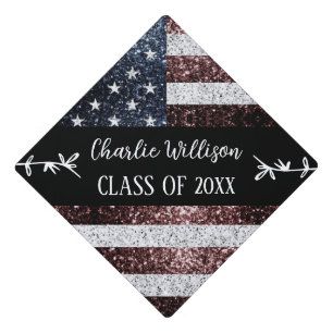 USA flag rustic sparkles Custom name Class Graduation Cap Topper