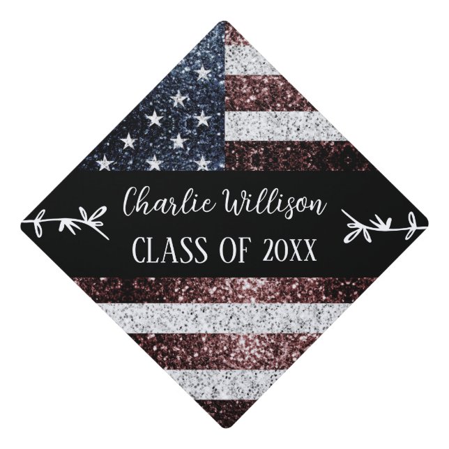 USA flag rustic sparkles Custom name Class Graduation Cap Topper (Front)