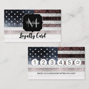 USA flag rustic sparkles glitters Monogram Loyalty Card