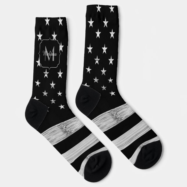 USA flag Rustic Wood Black White America Monogram Socks (Right)