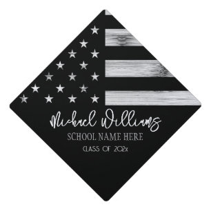 USA flag Rustic Wood Black White Custom name Graduation Cap Topper
