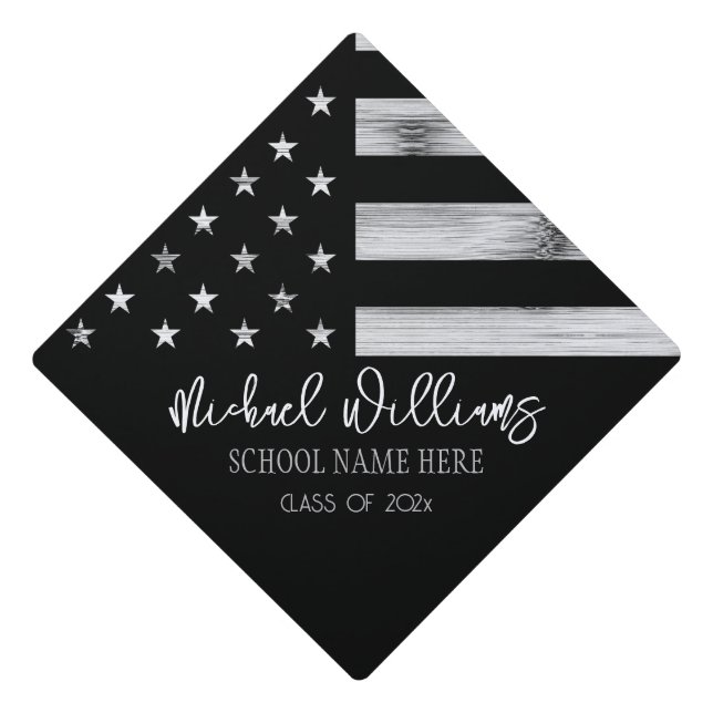 USA flag Rustic Wood Black White Custom name Graduation Cap Topper (Front)