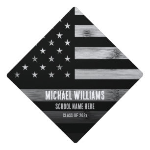 USA flag Rustic Wood Black White Custom name Graduation Cap Topper
