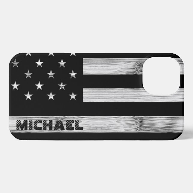 USA flag Rustic Wood Black White Monogram iPhone Case (Back Horizontal)