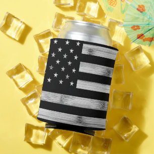USA flag Rustic Wood Black White Patriotic America Can Cooler
