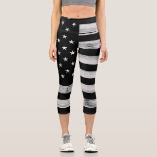 USA flag Rustic Wood Black White Patriotic America Capri Leggings