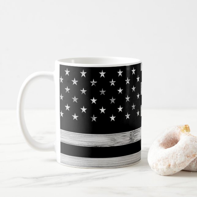 USA flag Rustic Wood Black White Patriotic America Coffee Mug (With Donut)