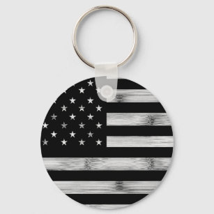 USA flag Rustic Wood Black White Patriotic America Keychain