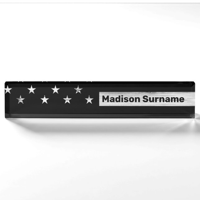 USA flag Rustic Wood Black White Patriotic America Nameplate (Front)