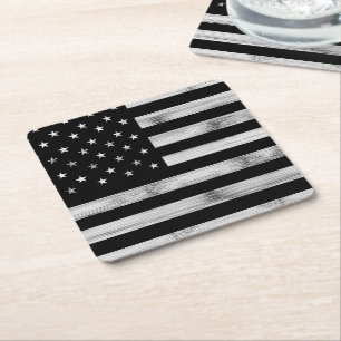 USA flag Rustic Wood Black White Patriotic America Square Paper Coaster