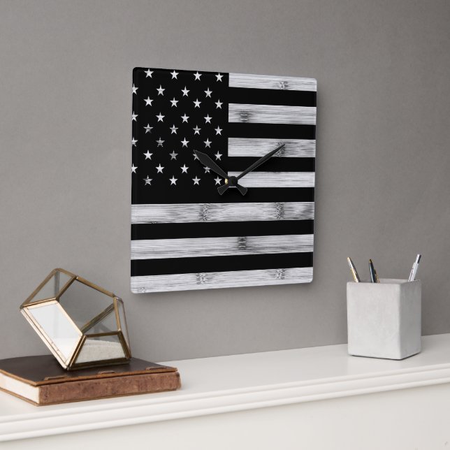 USA flag Rustic Wood Black White Patriotic America Square Wall Clock (Office)