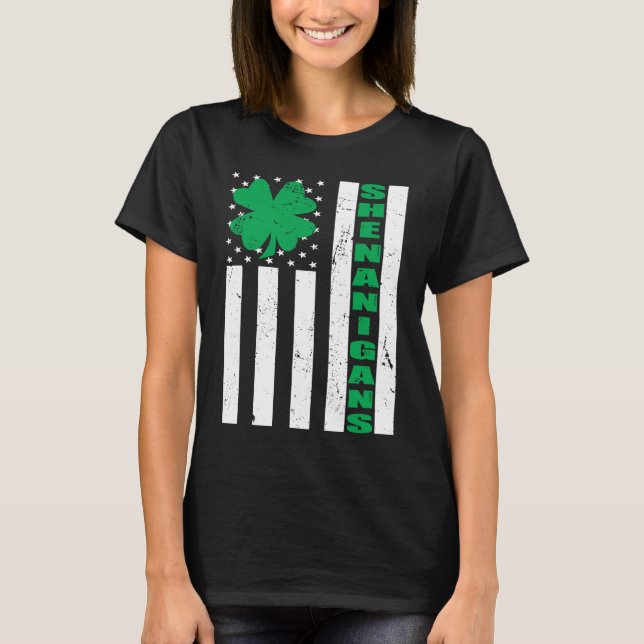 USA Flag Shenanigans Saint Patricks Day Shamrock T-Shirt (Front)