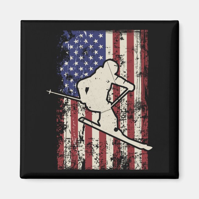 Usa Flag Ski Skiing &amp; Skiier Long Sleeve  Magnet (Front)