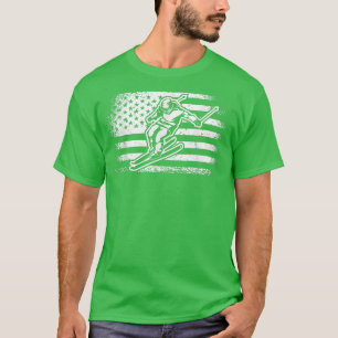 USA Flag Ski Snow Mountain Skiing T-Shirt