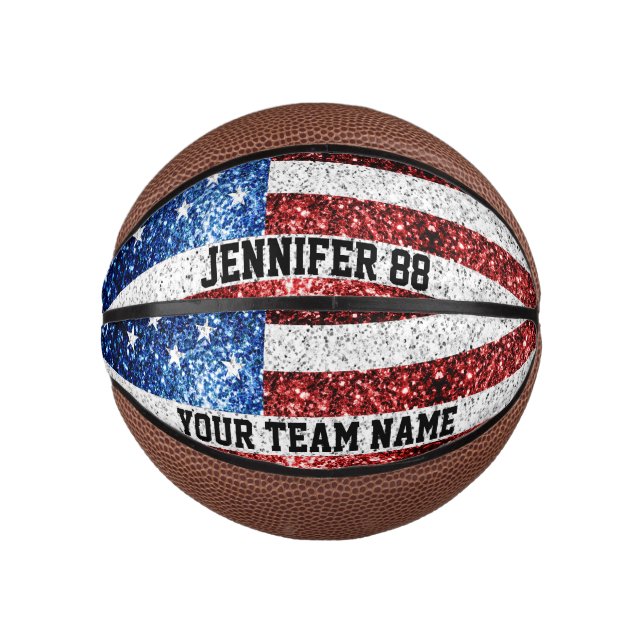 USA flag sparkles bling Custom name and Your Team Mini Basketball (Front)