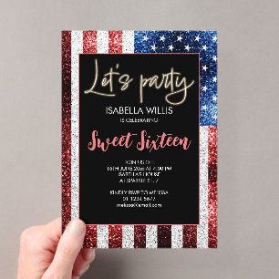 USA flag sparkles Sweet 16 Birthday Lets party Acrylic Invitations