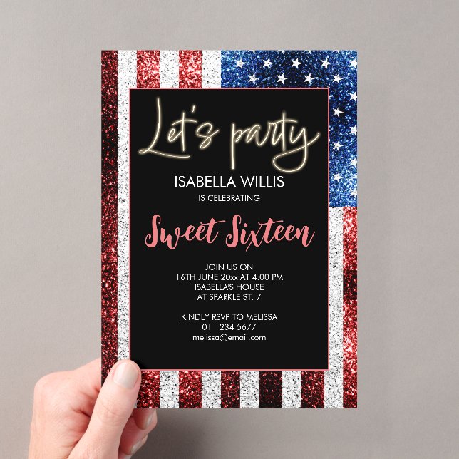 USA flag sparkles Sweet 16 Birthday Lets party Acrylic Invitations (Insitu (Handheld))