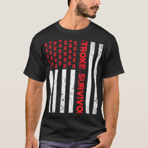 USA Flag Stroke Survivor Awareness Red Ribbon Brai T-Shirt