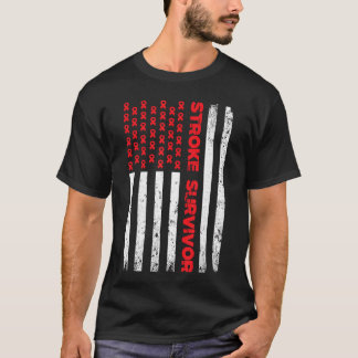 USA Flag Stroke Survivor Awareness Red Ribbon Brai T-Shirt