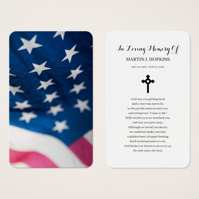 Usa Flag Sympathy Funeral Memorial Prayer Cards (Front & Back)
