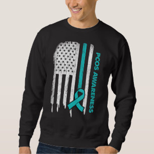 Usa Flag Teal Ribbon Pcos Awareness Sweatshirt