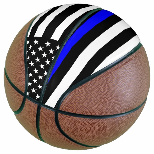 USA Flag Thin Blue Line Symbolic Memorial on a Basketball (Angled)