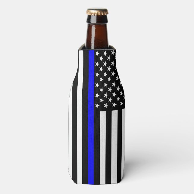 USA Flag Thin Blue Line Symbolic Memorial on a Bottle Cooler (Bottle Front)