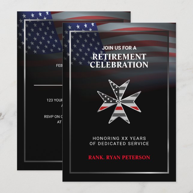 USA Flag | Thin Red Line Maltese Cross | Black Invitation (Front/Back)