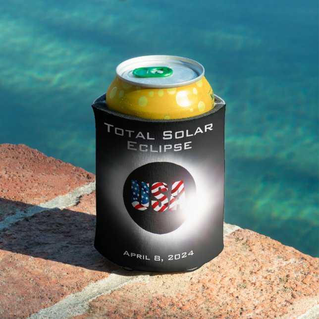 USA FLAG Total solar eclipse April 8, 2024 Can Cooler (In Situ Pool)