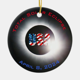 USA FLAG Total solar eclipse April 8, 2024 Ceramic Ornament