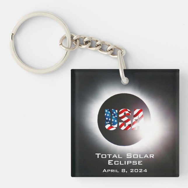 USA FLAG Total solar eclipse April 8, 2024 Keychain (Front)