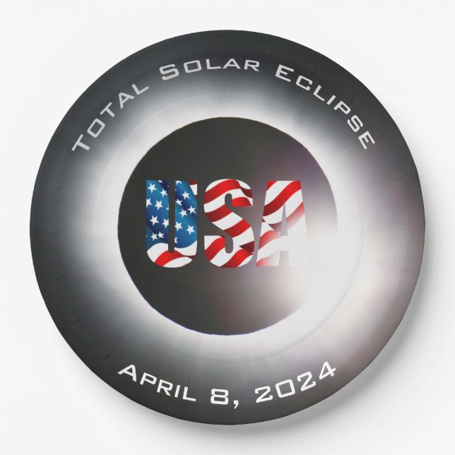 USA FLAG Total solar eclipse April 8, 2024 Paper Plate (Front)