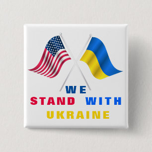 USA Flag - Ukrainian Flag - We Stand With Ukraine  2 Inch Square Button