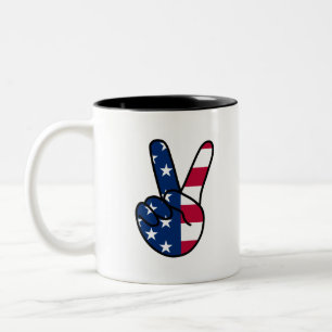 USA Flag V Sign Two-Tone Coffee Mug