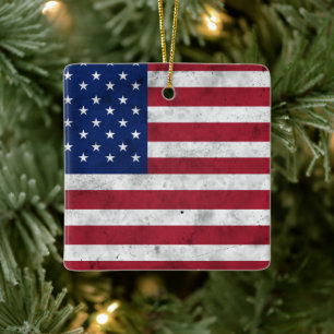USA flag vintage red white blue America patriotic Ceramic Ornament