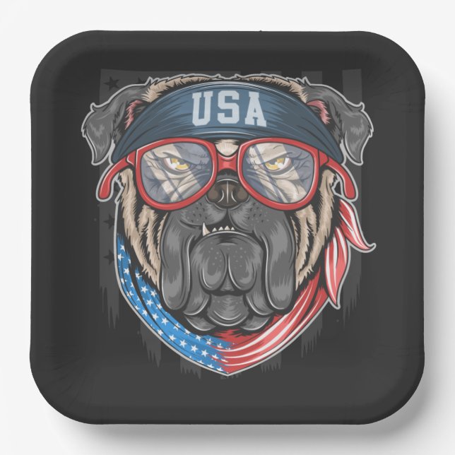 USA Flag with Pug    Paper Plate (Front)