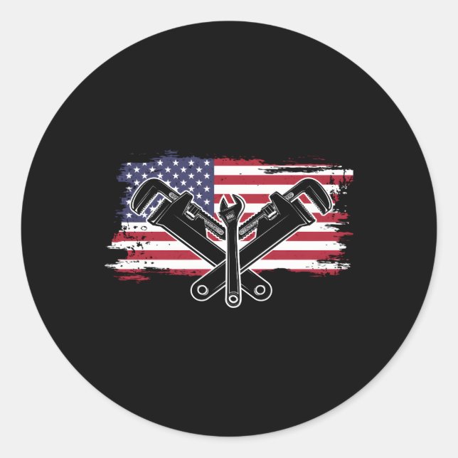 Usa Flag Wrench Plumbing Pipe Plunger Pipefitter Classic Round Sticker (Front)