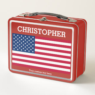 USA flag & Your name & Custom text red  Metal Lunch Box