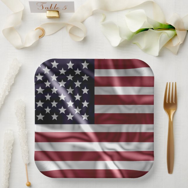 USA Flapping Flag Red, White Stripes, Starry Blue Paper Plate (Wedding)