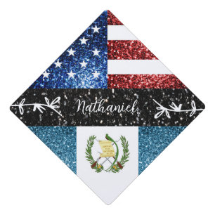 USA Guatemala flag red blue sparkles Custom Name Graduation Cap Topper