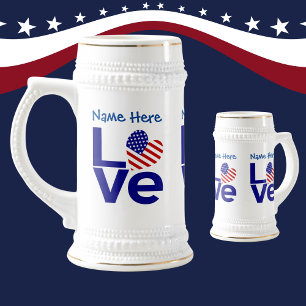 USA Heart Flag Blue LOVE Personalized Name Beer Stein