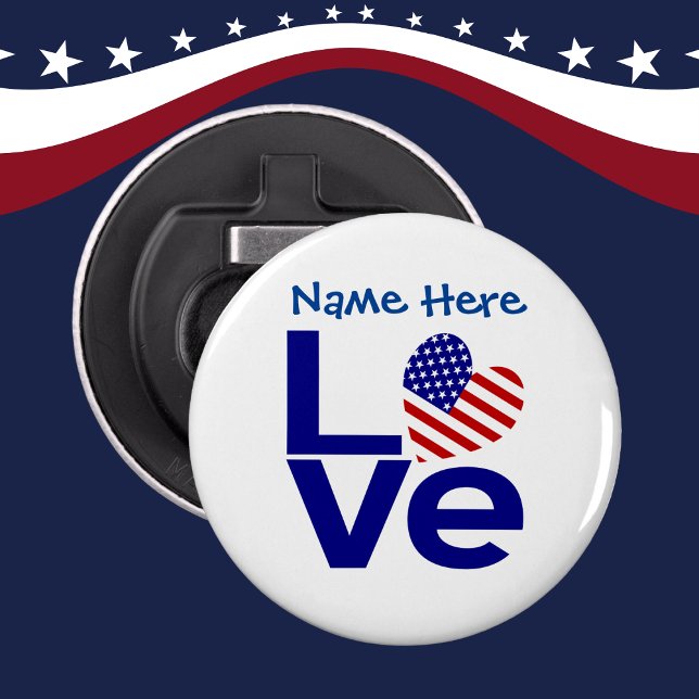 USA Heart Flag Blue LOVE Personalized Name  Bottle Opener (Creator Uploaded)